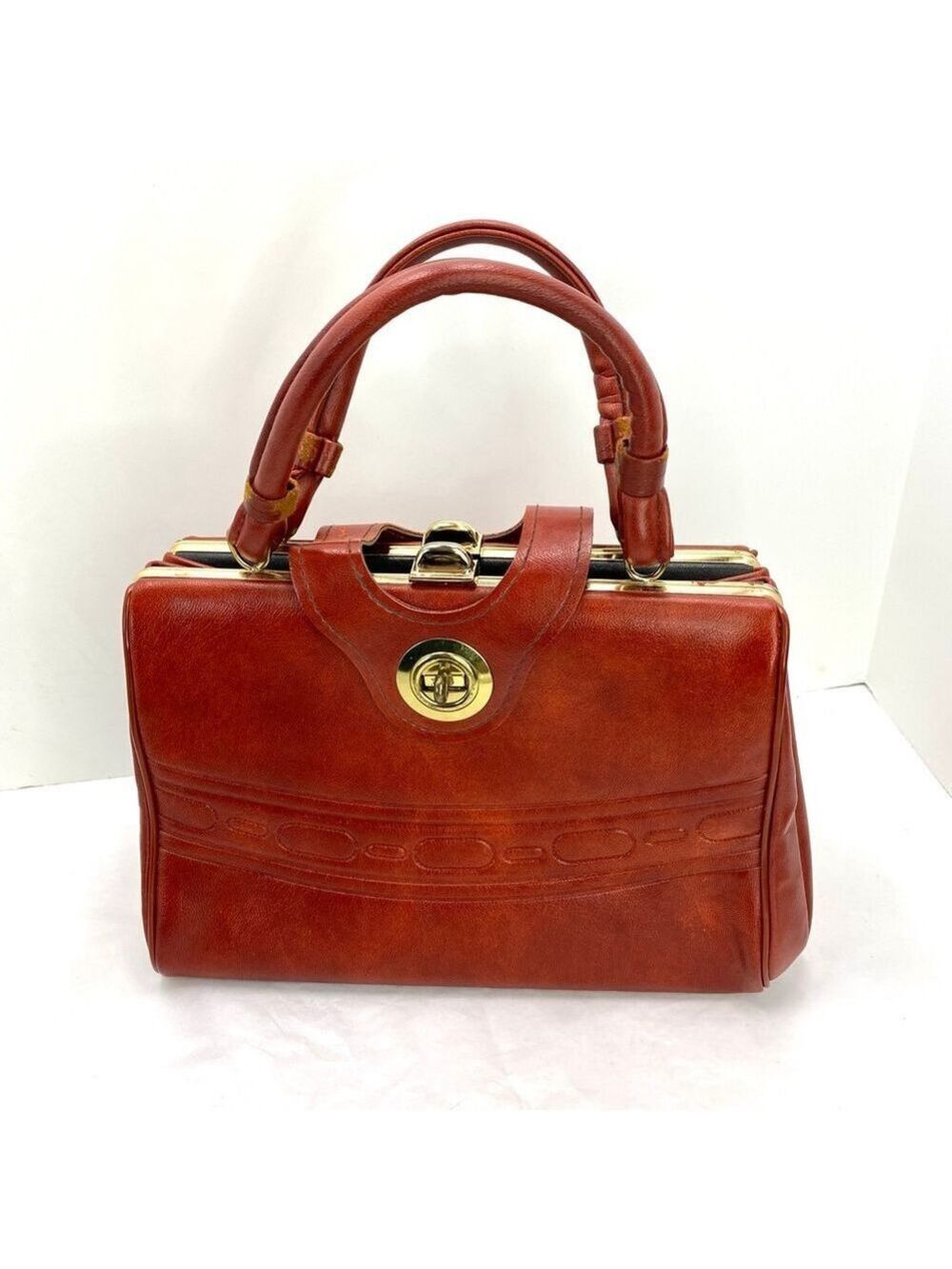 Mid Century Vintage Purse Red Leather & Vinyl Medium Clutch Handbag